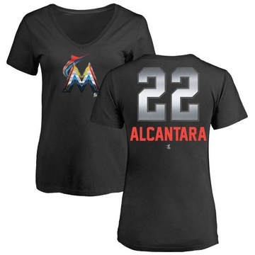 Women's Miami Marlins Sandy Alcantara ＃22 Midnight Mascot V-Neck T-Shirt - Black