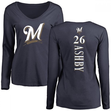 Women's Milwaukee Brewers Aaron Ashby ＃26 Backer Slim Fit Long Sleeve T-Shirt - Navy