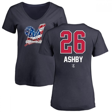 Women's Milwaukee Brewers Aaron Ashby ＃26 Name and Number Banner Wave V-Neck T-Shirt - Navy