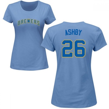 Women's Milwaukee Brewers Aaron Ashby ＃26 Roster Name & Number T-Shirt - Light Blue