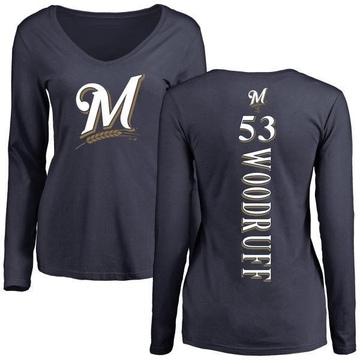 Women's Milwaukee Brewers Brandon Woodruff ＃53 Backer Slim Fit Long Sleeve T-Shirt - Navy