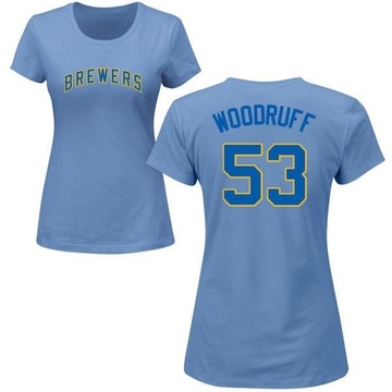 Women's Milwaukee Brewers Brandon Woodruff ＃53 Roster Name & Number T-Shirt - Light Blue