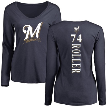 Women's Milwaukee Brewers Chris Roller ＃74 Backer Slim Fit Long Sleeve T-Shirt - Navy