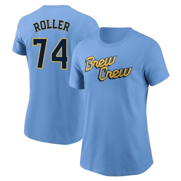 Women's Milwaukee Brewers Chris Roller ＃74 Powder 2022 City Connect Name & Number T-Shirt - Blue