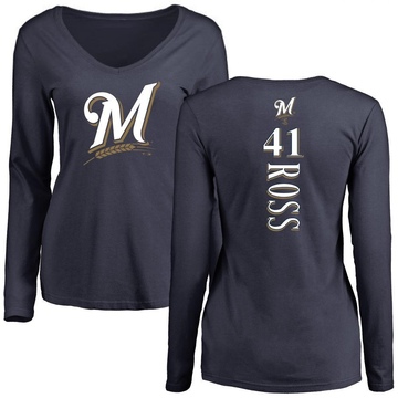 Women's Milwaukee Brewers Joe Ross ＃41 Backer Slim Fit Long Sleeve T-Shirt - Navy