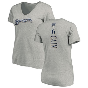 Women's Milwaukee Brewers Lorenzo Cain ＃6 Backer Slim Fit T-Shirt Ash