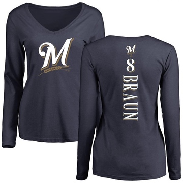 Women's Milwaukee Brewers Ryan Braun ＃8 Backer Slim Fit Long Sleeve T-Shirt - Navy