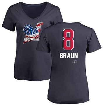 Women's Milwaukee Brewers Ryan Braun ＃8 Name and Number Banner Wave V-Neck T-Shirt - Navy