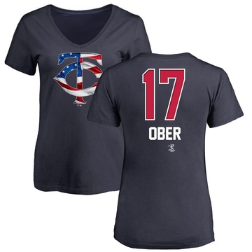 Women's Minnesota Twins Bailey Ober ＃17 Name and Number Banner Wave V-Neck T-Shirt - Navy