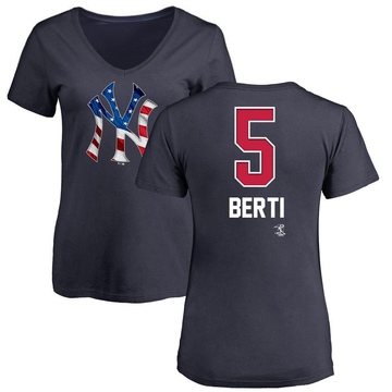 Women's New York Yankees Jon Berti ＃5 Name and Number Banner Wave V-Neck T-Shirt - Navy