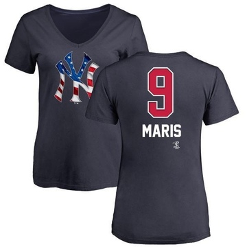 Women's New York Yankees Roger Maris ＃9 Name and Number Banner Wave V-Neck T-Shirt - Navy