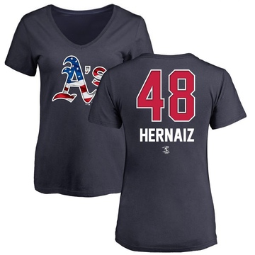 Women's Oakland Athletics Darell Hernaiz ＃48 Name and Number Banner Wave V-Neck T-Shirt - Navy
