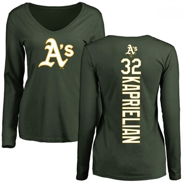 Women's Oakland Athletics James Kaprielian ＃32 Backer Slim Fit Long Sleeve T-Shirt - Green