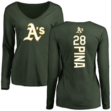 Women's Oakland Athletics Manny Pina ＃28 Backer Slim Fit Long Sleeve T-Shirt - Green