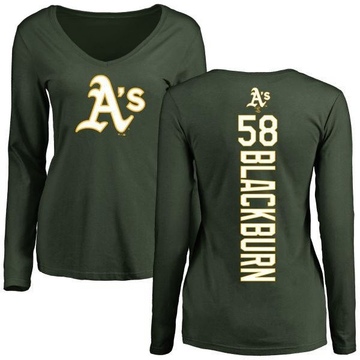 Women's Oakland Athletics Paul Blackburn ＃58 Backer Slim Fit Long Sleeve T-Shirt - Green