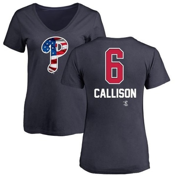 Women's Philadelphia Phillies Johnny Callison ＃6 Name and Number Banner Wave V-Neck T-Shirt - Navy