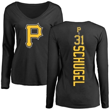 Women's Pittsburgh Pirates A.J. Schugel ＃31 Backer Slim Fit Long Sleeve T-Shirt - Black