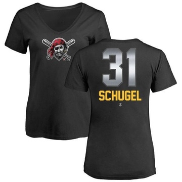 Women's Pittsburgh Pirates A.J. Schugel ＃31 Midnight Mascot V-Neck T-Shirt - Black