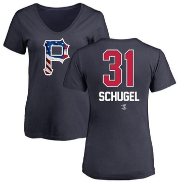 Women's Pittsburgh Pirates A.J. Schugel ＃31 Name and Number Banner Wave V-Neck T-Shirt - Navy