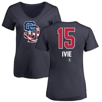 Women's San Diego Padres Mike Ivie ＃15 Name and Number Banner Wave V-Neck T-Shirt - Navy
