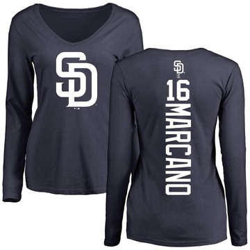 Women's San Diego Padres Tucupita Marcano ＃16 Backer Slim Fit Long Sleeve T-Shirt - Navy