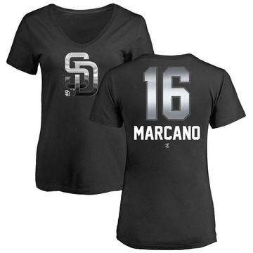 Women's San Diego Padres Tucupita Marcano ＃16 Midnight Mascot V-Neck T-Shirt - Black