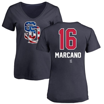 Women's San Diego Padres Tucupita Marcano ＃16 Name and Number Banner Wave V-Neck T-Shirt - Navy