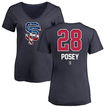 Women's San Francisco Giants Buster Posey ＃28 Name and Number Banner Wave V-Neck T-Shirt - Navy