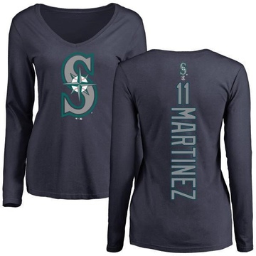 Women's Seattle Mariners Edgar Martinez ＃11 Backer Slim Fit Long Sleeve T-Shirt - Navy