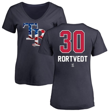 Women's Tampa Bay Rays Ben Rortvedt ＃30 Name and Number Banner Wave V-Neck T-Shirt - Navy