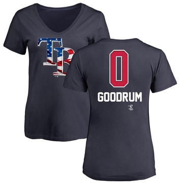 Women's Tampa Bay Rays Niko Goodrum ＃0 Name and Number Banner Wave V-Neck T-Shirt - Navy