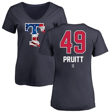 Women's Texas Rangers Austin Pruitt ＃49 Name and Number Banner Wave V-Neck T-Shirt - Navy
