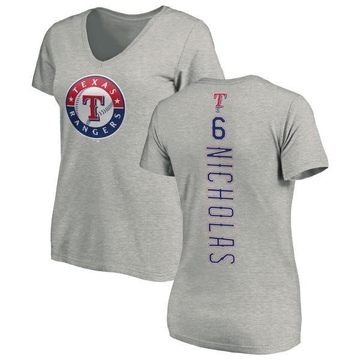 Women's Texas Rangers Brett Nicholas ＃6 Backer Slim Fit T-Shirt Ash