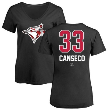 Women's Toronto Blue Jays Jose Canseco ＃33 Name and Number Banner Wave V-Neck T-Shirt - Black