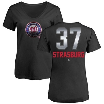 Women's Washington Nationals Stephen Strasburg ＃37 Midnight Mascot V-Neck T-Shirt - Black