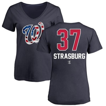 Women's Washington Nationals Stephen Strasburg ＃37 Name and Number Banner Wave V-Neck T-Shirt - Navy
