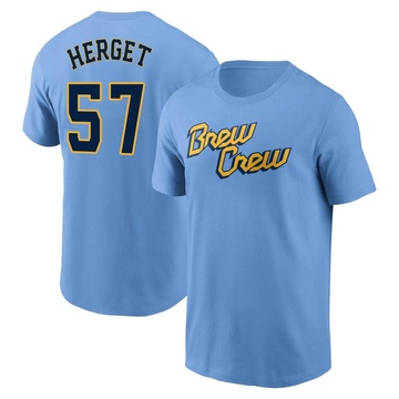 Youth Milwaukee Brewers Kevin Herget ＃57 Powder 2022 City Connect Name & Number T-Shirt - Blue