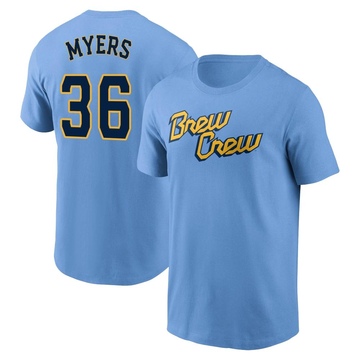 Youth Milwaukee Brewers Tobias Myers ＃36 Powder 2022 City Connect Name & Number T-Shirt - Blue